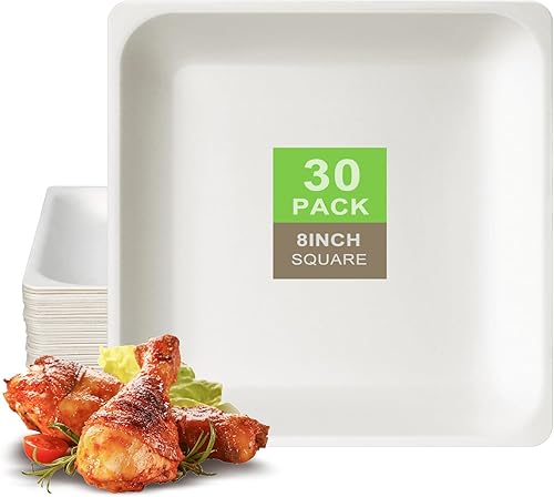 Platos de papel cuadrados de 8 pulgadas, paquete de 30 unidades, platos desechables 100% compostables, platos de papel resistentes, platos de bagazo