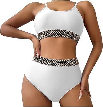 High Waisted Bikini Sets for Women Tummy Control 2 Piece Bathing Suits Modest Full Coverage Colorblock Retro Swimsuit