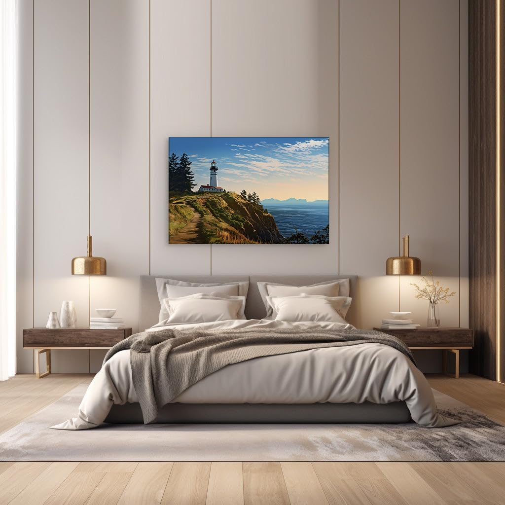 Canvas for Living Room. Lighthouse Vigil: A Beacon Above The Azure Depths, 27 x 18 inch Canvas Wall Art - Clouds - Modern Home Decor