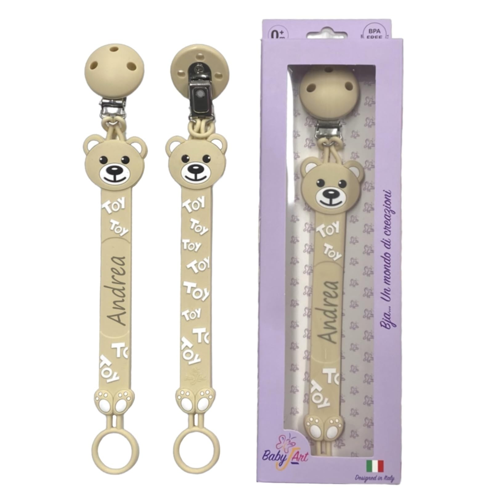 NOVITÁ Fettuccia IN SILICONE, per ciuccio personalizzata con nome, orsetto, BABYJART, lavabile,sicura per il bambino,compatibile con ciuccio MAM e CHICCO AZIENDA ITALIANA, MADE IN ITALY! Orso Beige