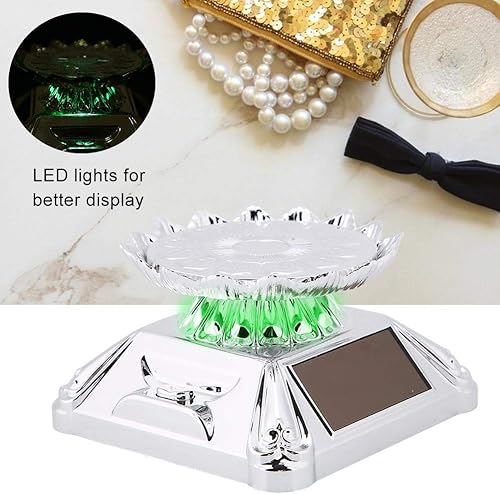 Miniatura 2 de Soporte de exhibición de joyas, luz LED solar para escaparate giratorio 360, reloj giratorio para teléfono, anillo de joyería (plata)