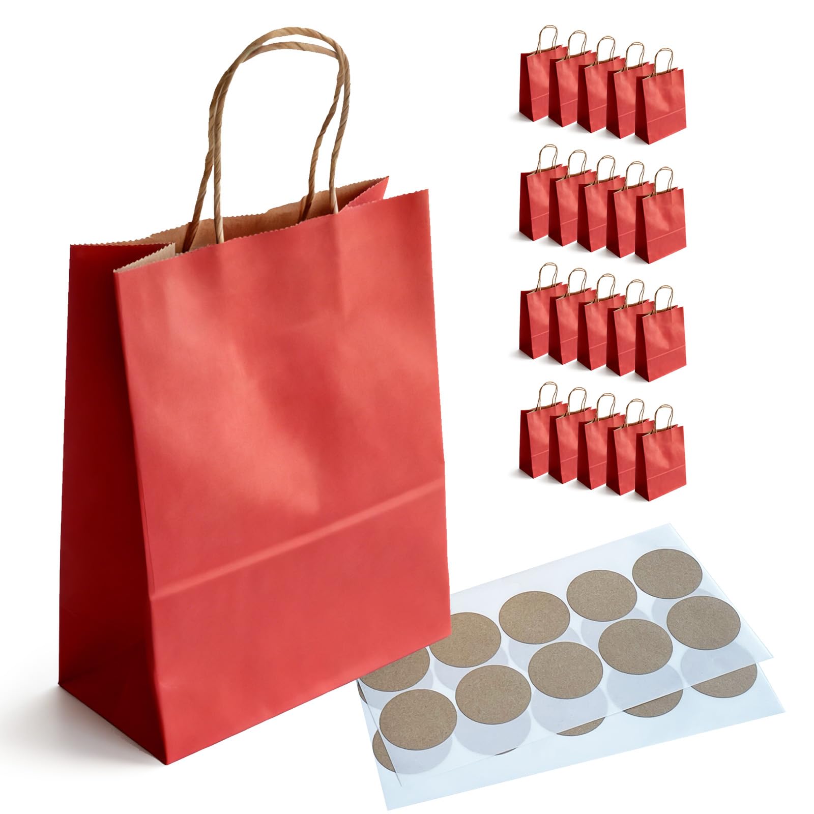 BaiMoure Red Paper Gift Bags with Handles, 20 Pack 150GSM Thick Medium Kraft Bag, 21x11x27cm Reusable Heavy Duty Carrier Bags for Floral Gifts, Wedding Favors, Romantic Anniversary, Party Treats