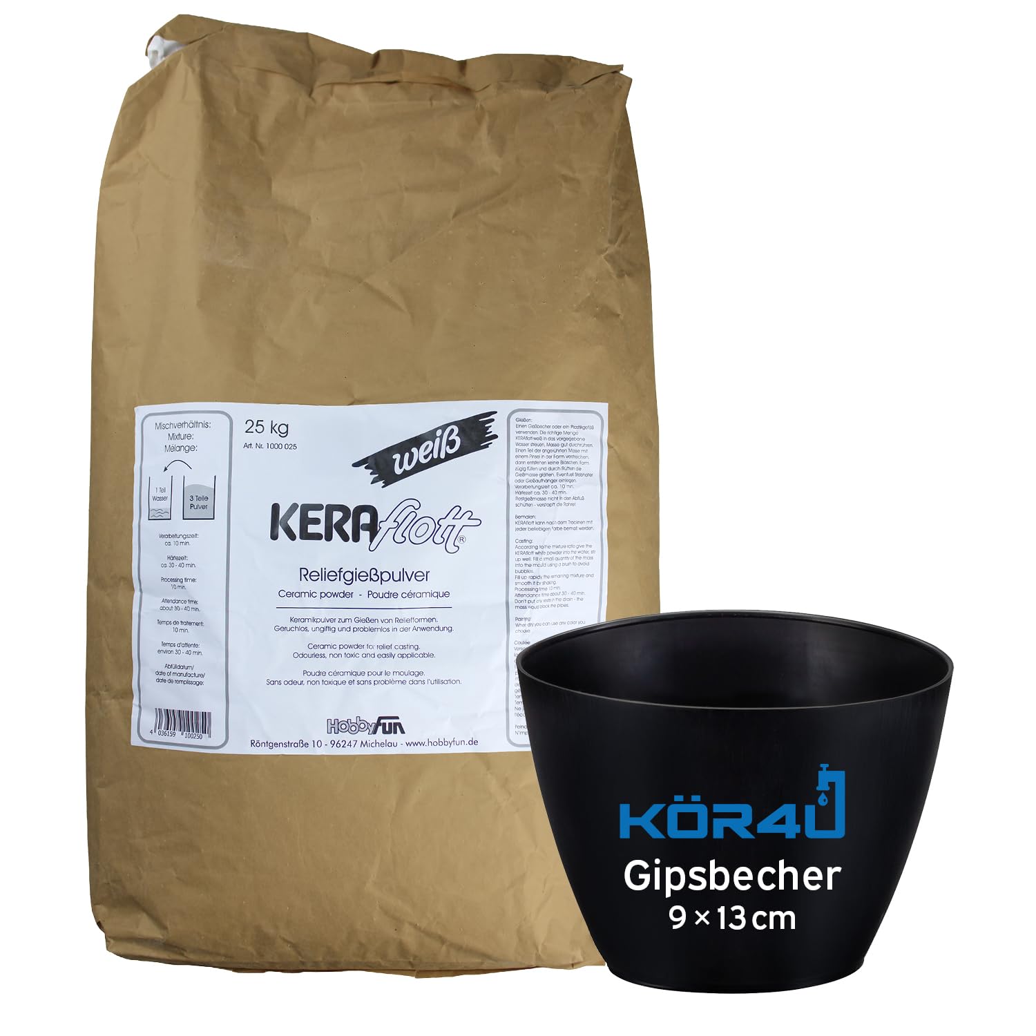 Keraflott Reliefgießpulver weiß 25kg, mit kör4u Gipsbecher, Gießen Basteln