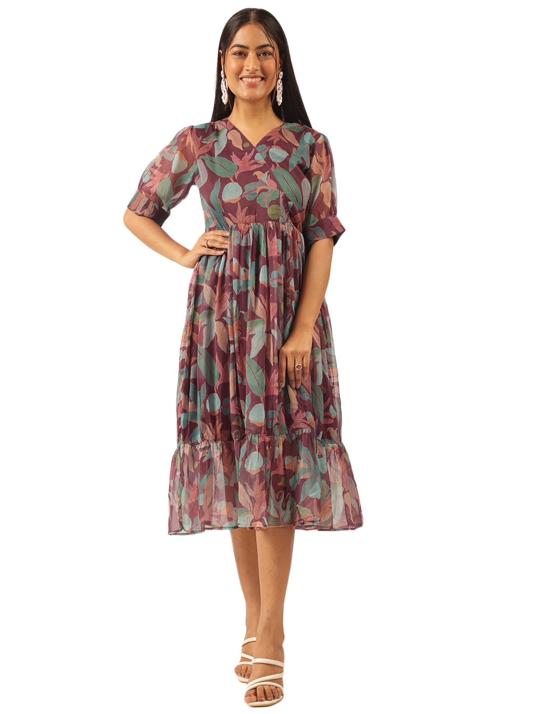 Women's Purple Floral Printed Flared Chiffon Dress | Casual Dress-image-32