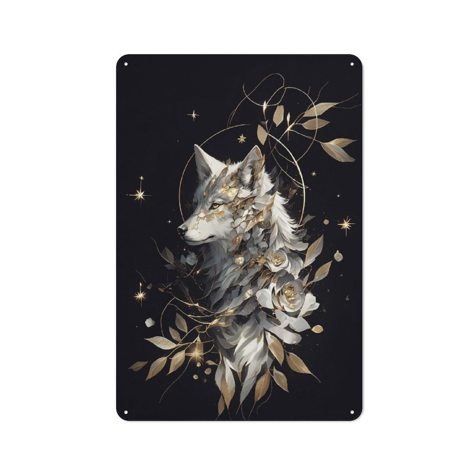 Junmoney Style-17 Kintsugi Art White Wolf Cottage Style Metal Wall Decor 30X20cm, Decorative Tin Sign For Cottage, Kitchen, Hallway Or Breakfast Nook