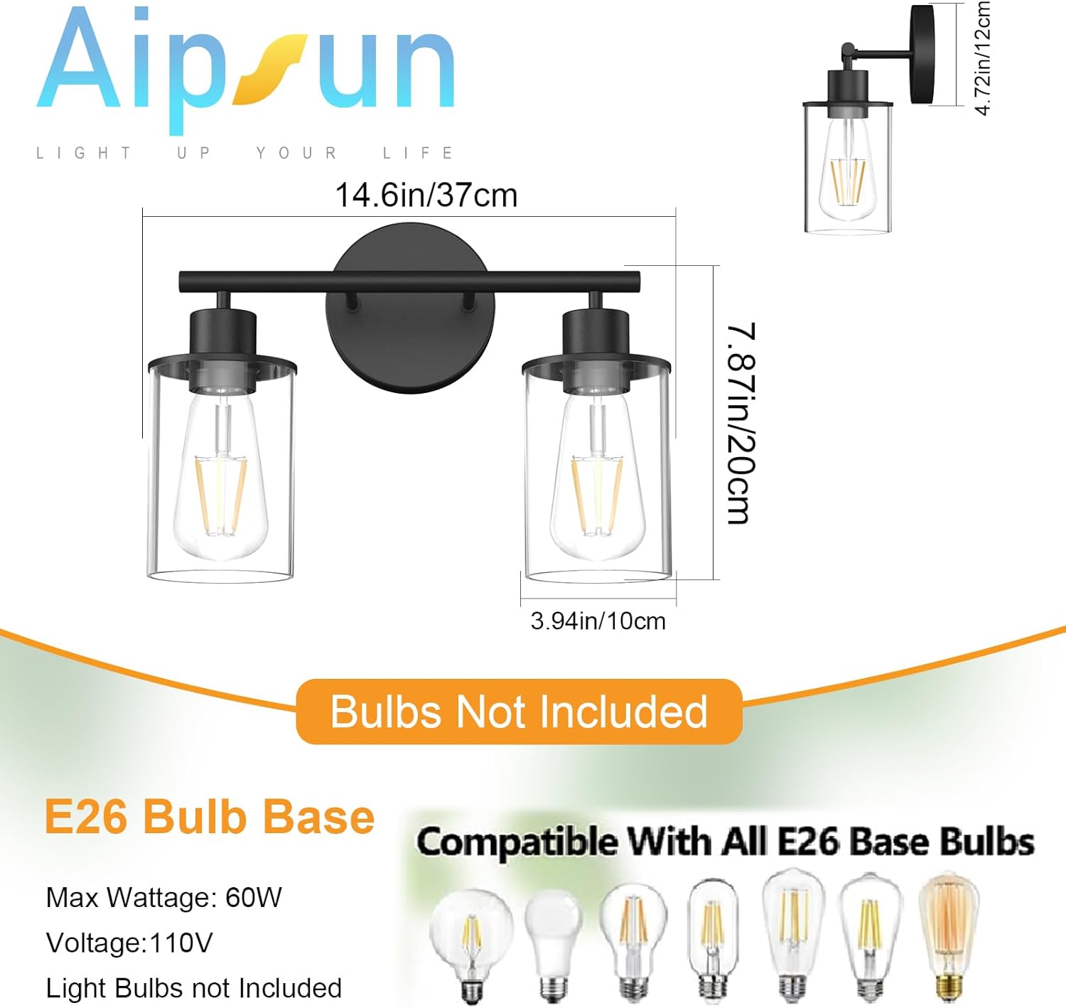 Aipsun Black Vanity Light 2 Lights Farmhouse Bathroom Lights Fixtures Over Mirror with Clear Glass Shade(Exclude Bulb)