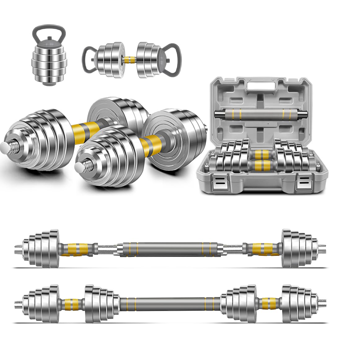 PHOEROS Ensemble d'Haltères Réglables - Set de Poids 20/30/40 KG, Haltère Barre Kettlebell 3 en 1, Haltères en Acier Paire pour Fitness Musculation, Équipement Sportif Domicile Homme Femme