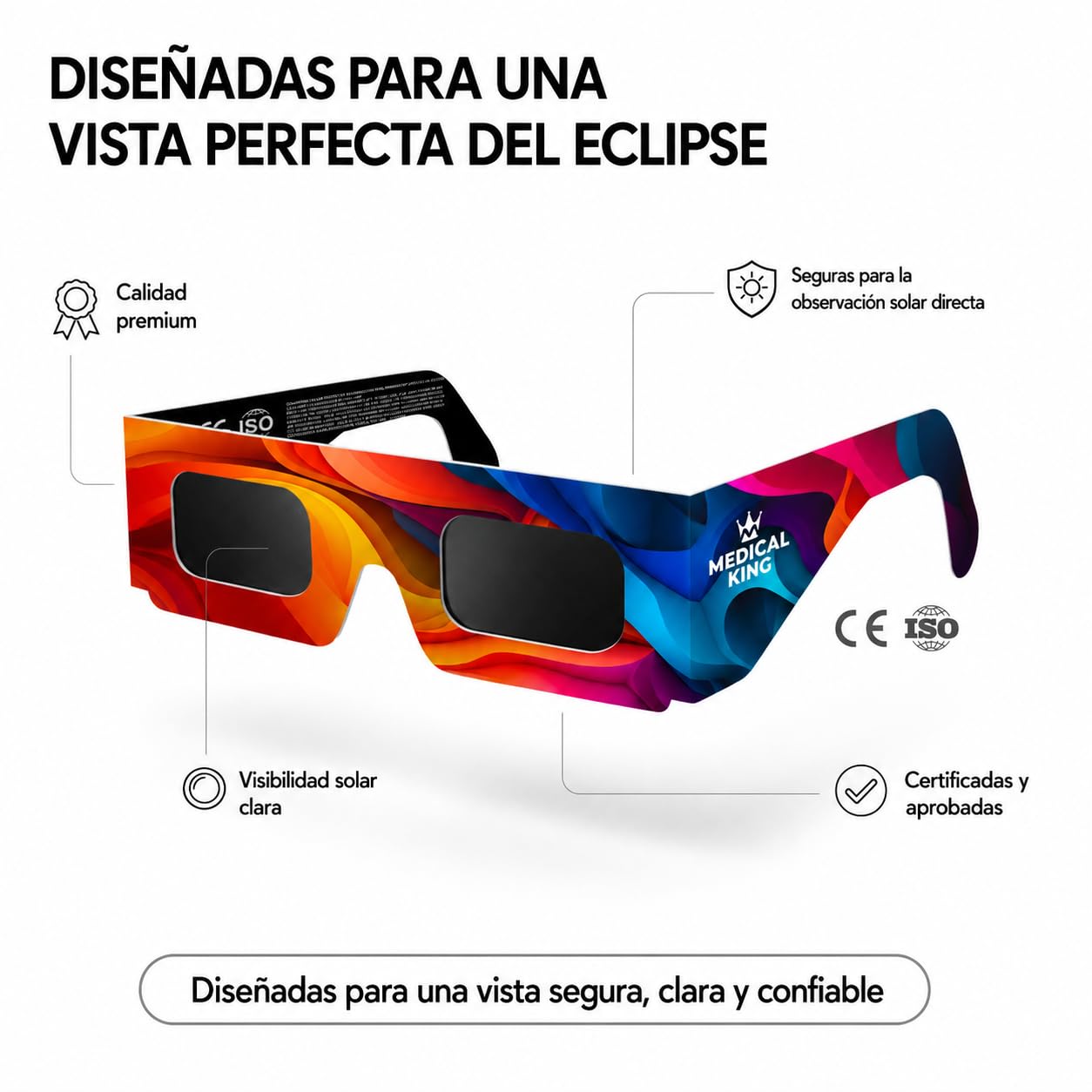 Medical king Gafas Eclipse Solar Homologadas ISO 12312-2 - Viene Con 2 Lentes Fotográficos Para Smartphone Aprobados según la norma ISO, con certificación CE: Gafas para ver eclipses solar 2026