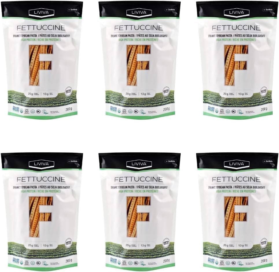 LIVIVA Organic Gluten Free Soybean Fettuccine Noodle Pasta (6 Pk) – 92 g Protein Bag - Certified Plant-Based Non-GMO Kosher Halal Vegan Keto – Nutritious Pasta Plant-Based Protein Ready-to-Eat in minutes