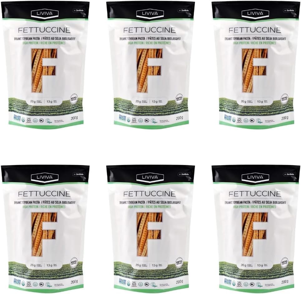 LIVIVA Organic Gluten Free Soybean Fettuccine Noodle Pasta (6 Pk) – 92 g Protein Bag - Certified Plant-Based Non-GMO Kosher Halal Vegan Keto – Nutritious Pasta Plant-Based Protein Ready-to-Eat in minutes
