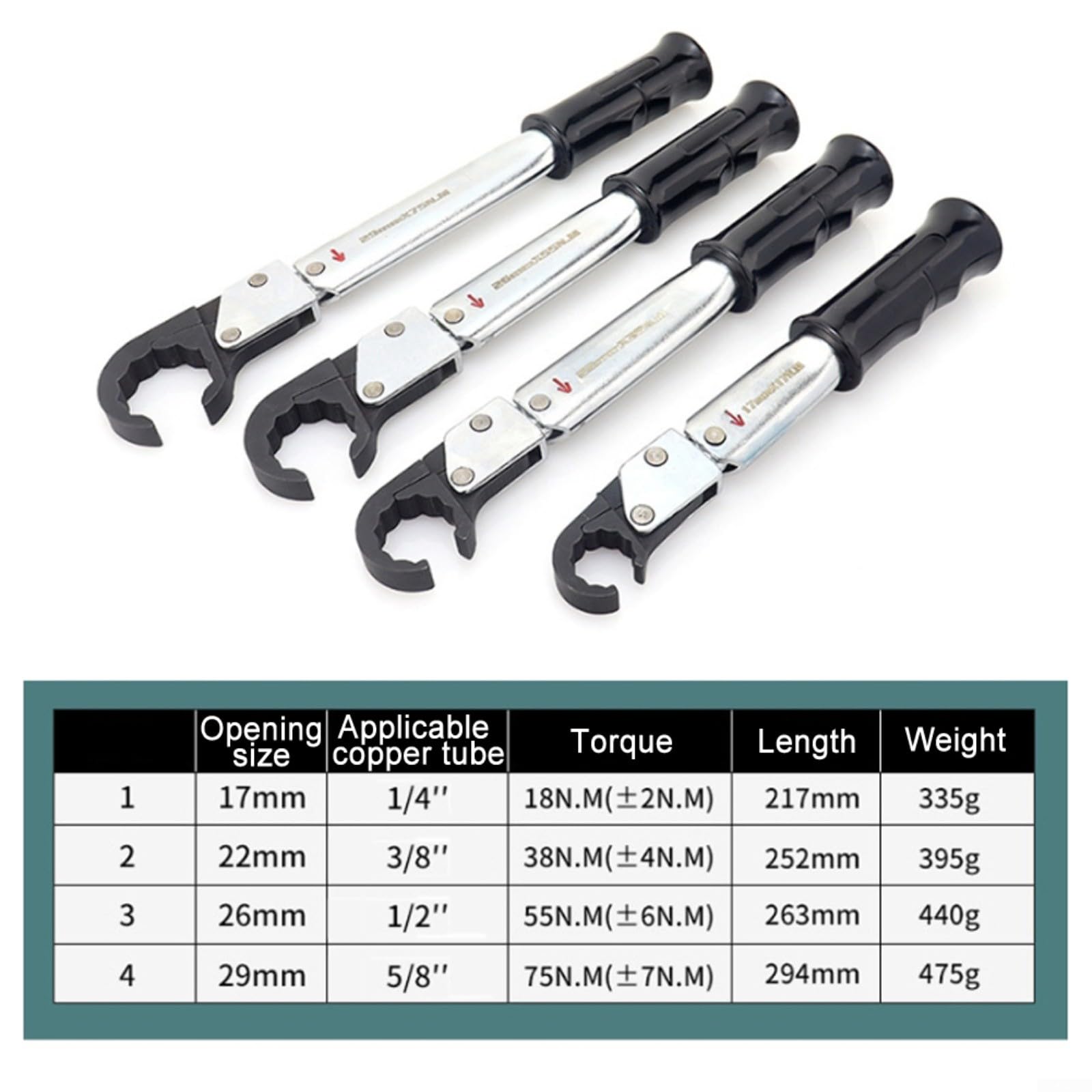 Kit de clés dynamométriques à cliquet, 4 clés à extrémité ouverte de précision pour climatiseur tuyau en cuivre 17-29 mm