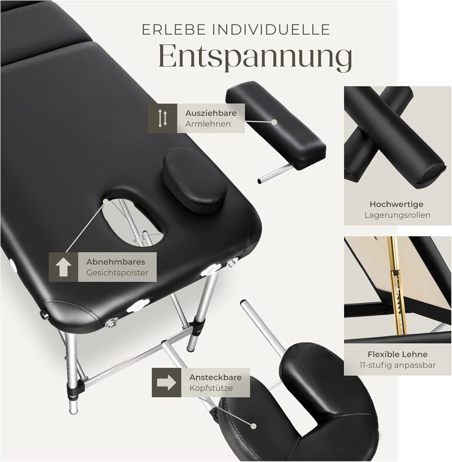 tectake® Massageliege, klappbar, höhenverstellbar, Massagetisch mit 3 Zonen, Massagebank, Kosmetikliege inkl. Zubehör Tasche, Voll- und Halbrolle, Möbel für Kosmetik, Massage, Tattoo - schwarz