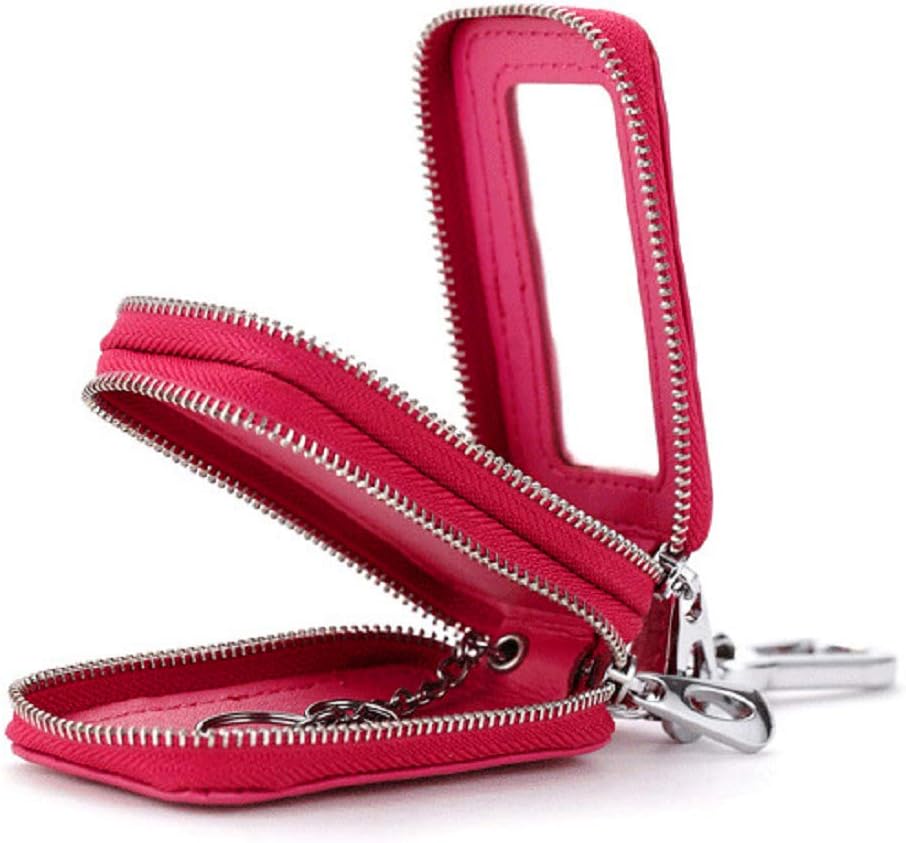 Two-Sides Mini Genuine Leather Car Key Chain Holder Wallet Case by BAKUN, Key Holder Key Organizer Wallet(Pink)