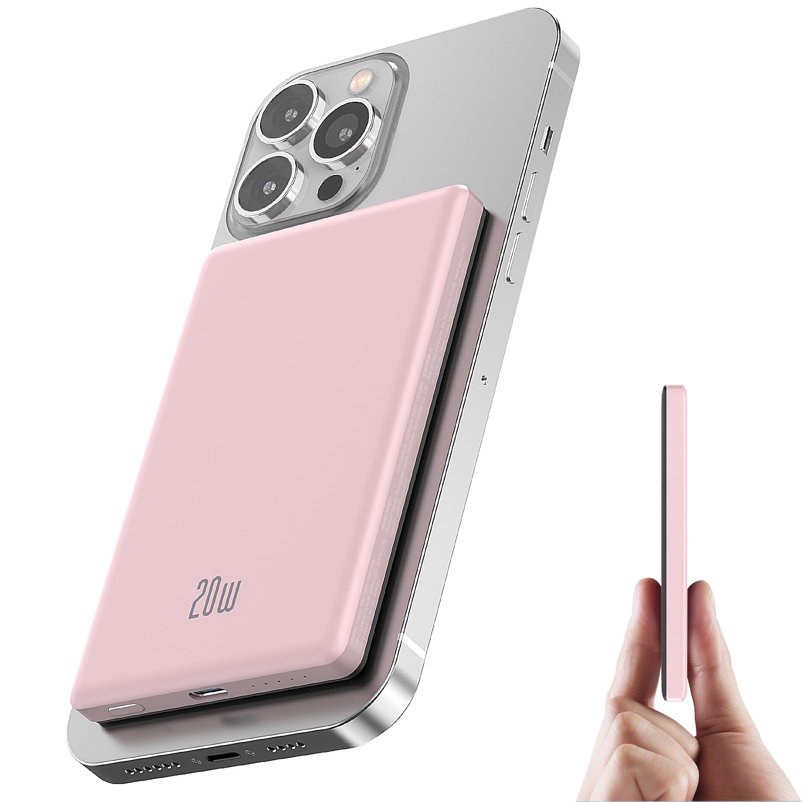 Ultra Slim Power Bank per MagSafe, Wireless PowerBank Magnetico 5000mAh, 20W Ricarica Rapida Caricatore Portatile per iPhone 16/15/14/13/12/Pro/Plus/Max Series, Batteria Portatile Metallico Rosa 2025