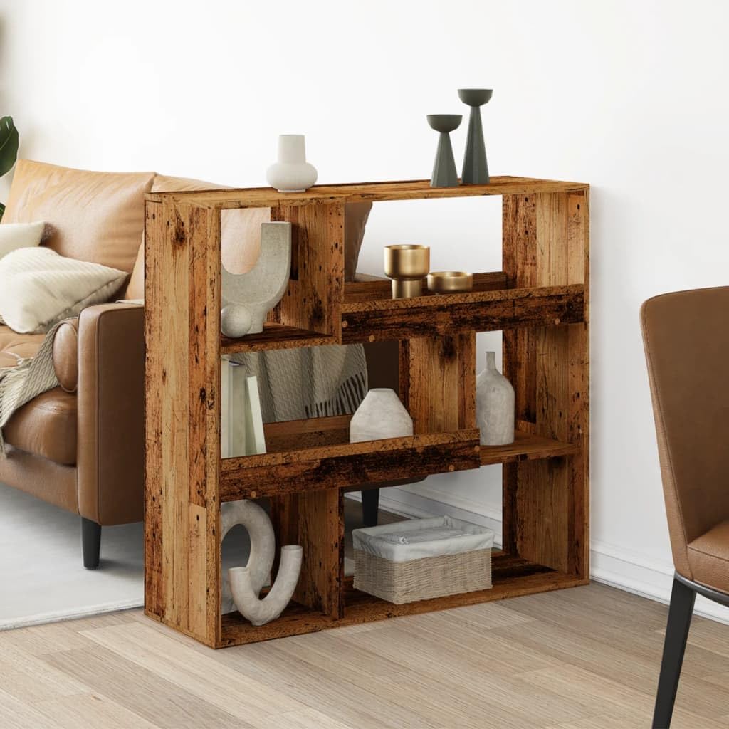 Étagère de séparation au design bois vieilli avec 6 niches de rangement