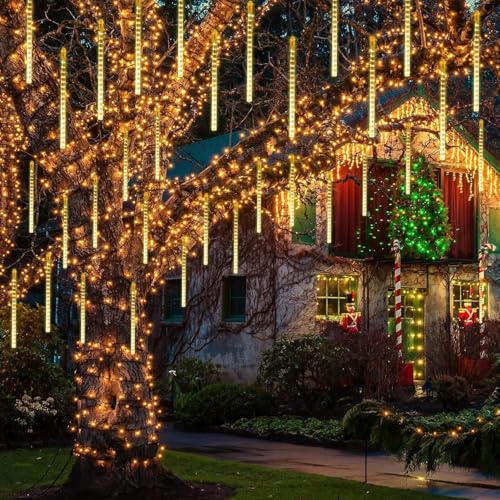 QITONG 2 Pack Extendable Meteor Shower Christmas Lights, 16 Tubes 384 LEDs Plug in Christmas String Light, Falling Rain Snowfall Light Cascading Lights for Xmas Tree Wedding Party (Warm White) - Image 4