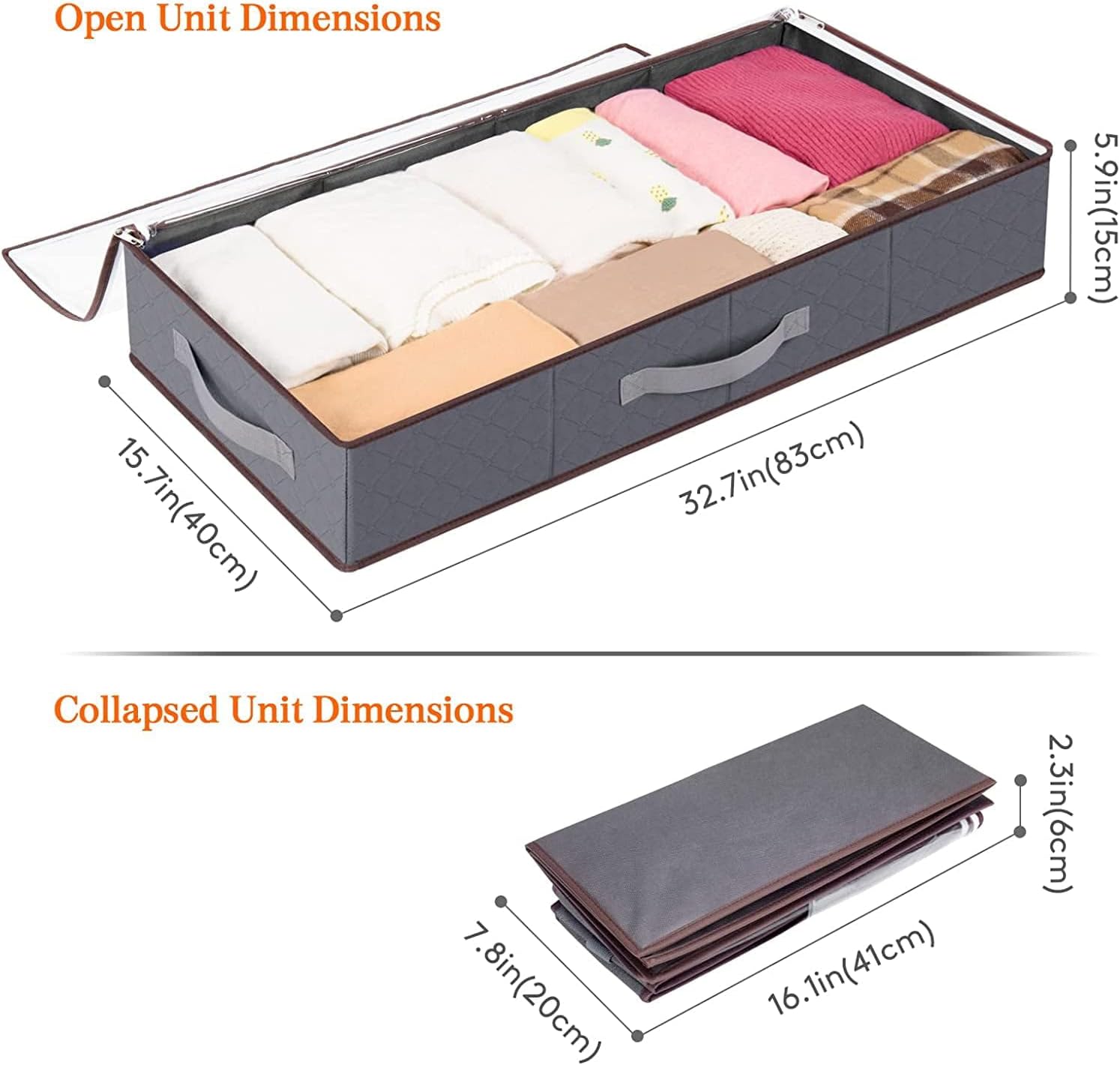 EAUSO Under Bed Storage Containers Clothes Organizers For Clothing, Blankets, Grey, 2 Pack,spacious To Store Clothes, Blankets, Sweaters, Toys And Shoes.Foldable,Versatility,easy To Assemble, Easy To