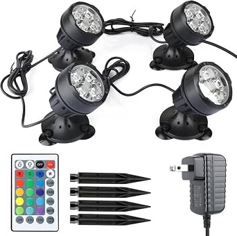 Colored Pond Lights Underwater with Timer, Submersible Fountain Light LED Spotlights Dimmable IP68 Waterproof with Spiked Stand for Outdoor Landscape Pond Fountain Set of 4