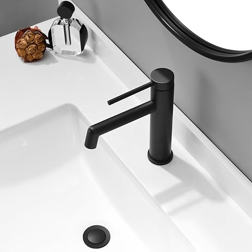 Miniatura 4 de Grifo de lavabo de baño con línea de suministro de agua y drenaje desplegable de metal por Phiestina, NS-SF01-BG-V+SGF06-MB