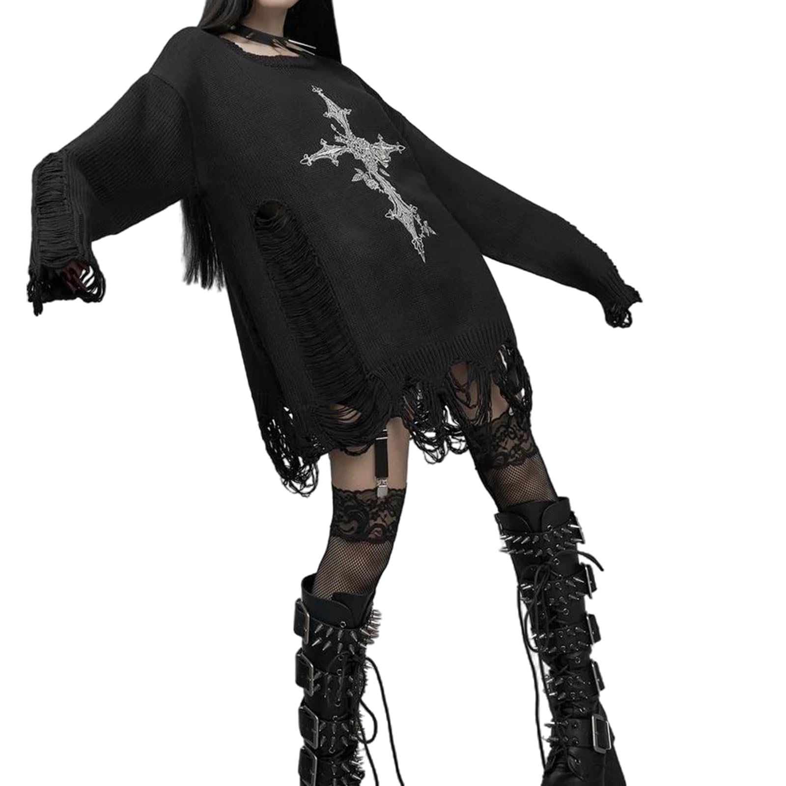 AchlibeWomen Halloween Sweater Y2k Grunge Knit Punk Gothic Tops Crochet Ripped Distressed Sweater Emo Alt Clothes