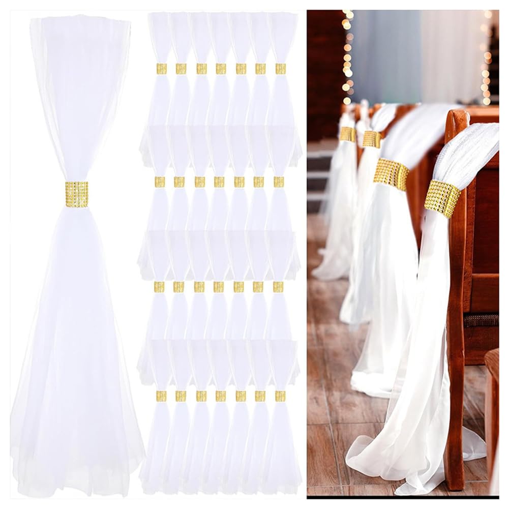 Hochzeitsstuhl Dekorationen Gangdekoration mit Langen Tüllschwänzen und Strass-Wickel Hochzeiten Tüll Dekoration für Kirche Hochzeitszeremonie Brautparty Bankett Gold 36 Set