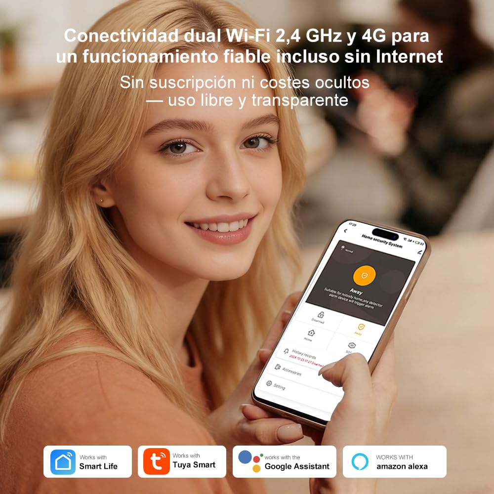 Sistema de Alarma para casa con WiFi + 4G gsm, Kit Alarma casa sin cuotas, notificaciones por App, Llamadas y SMS, Ampliable inalámbrico Compatible con Alexa y Google Assistant (ZZ)