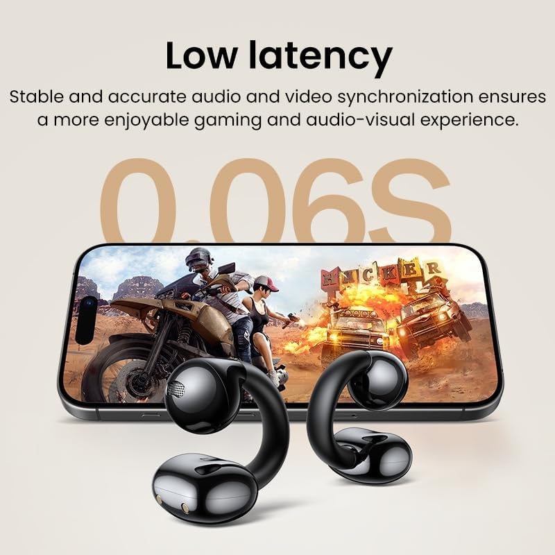 Smartphone displaying a game with earbuds, indicating low latency audio