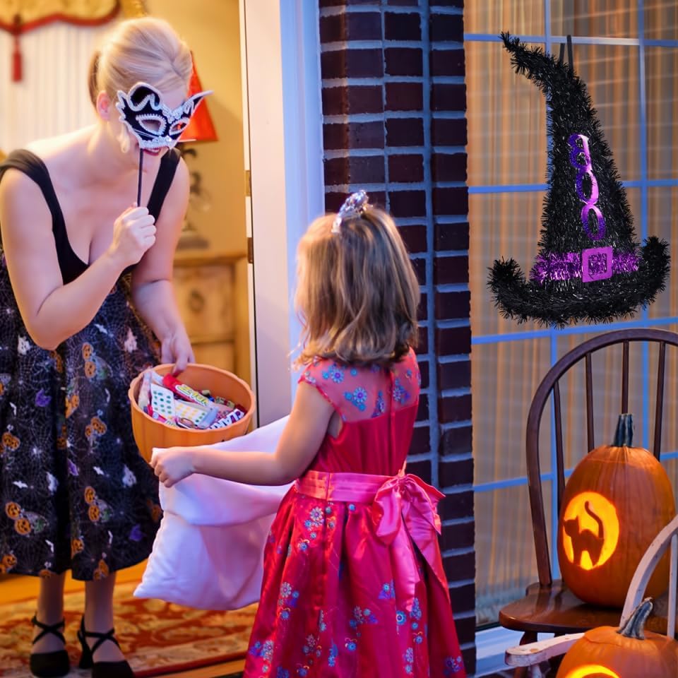 Miniatura 4 de VANZACK 2 sombreros de bruja de Halloween para colgar en la pared, decoración de pared de sombrero de bruja de oropel, decoración de pared