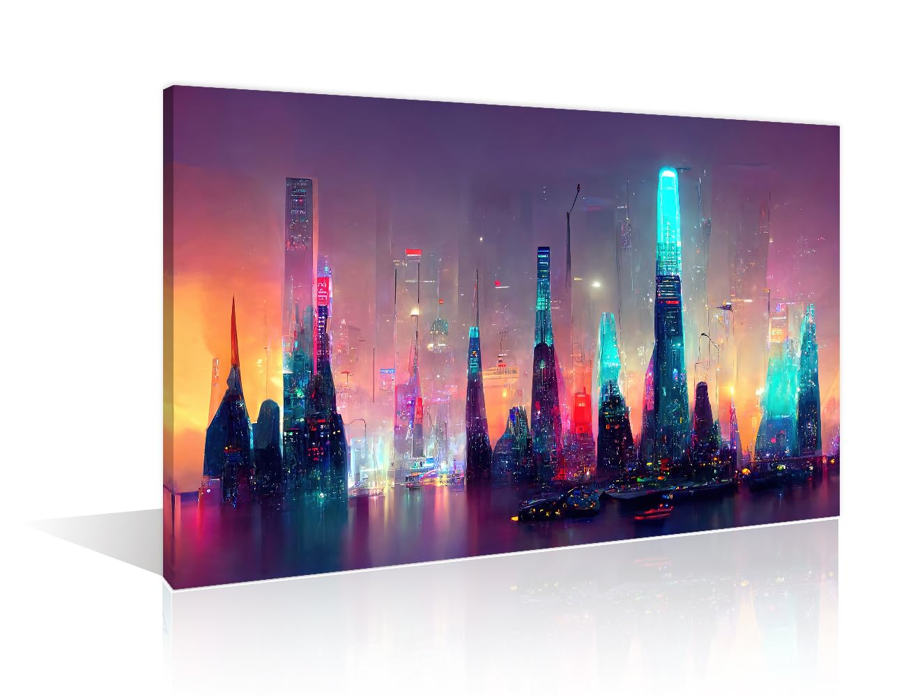 Modern Painting Future Modern Magical Cityscape Urban City Wall Decor for Living Room 1 Piece Cyberpunk Style Artwork Pictures Office Decor Print on Canvas Framed Ready to Hang (24" Wx36 H) — image 1