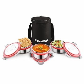 Signoraware Meal Mate Stainless Steel Big Lunch Box with Bag (450mlx3, Red)