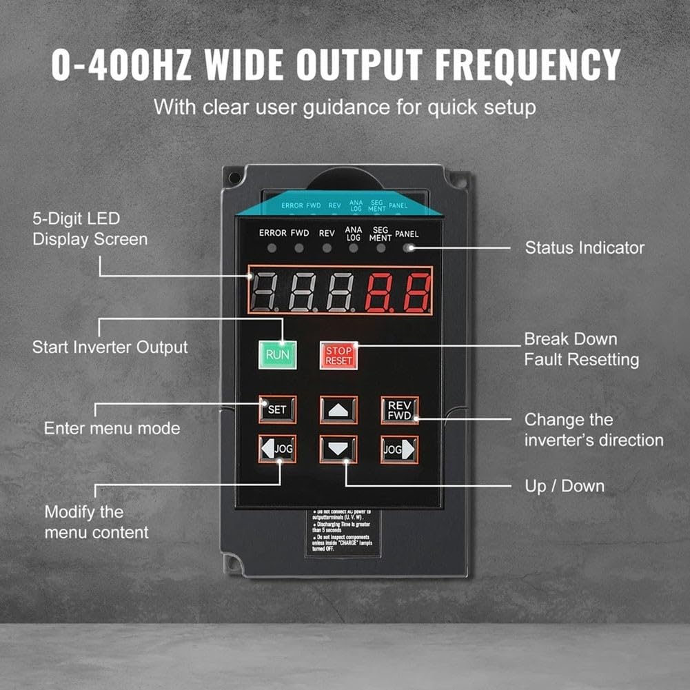 Frequenzumrichter 2HP 1,5KW 220V VFD zur Steuerung von Drehstrommotoren an Schleifmaschinen Zentrifugen Pumpen mit LCD Display und Tasten 0-400Hz Frequenz 1 oder 3 Phase Eingang schwarz langlebig