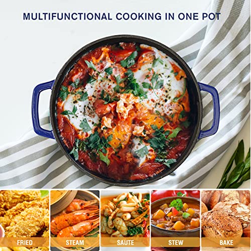 Enameled Cast Iron Dutch Oven Pre-Seasoned Pot With Lid & Handles, 4 Quart Enamel Coated Cookware Pot With Silicone Handles And Mat For Cooking, Basting, Or Baking, Blue #TOP3