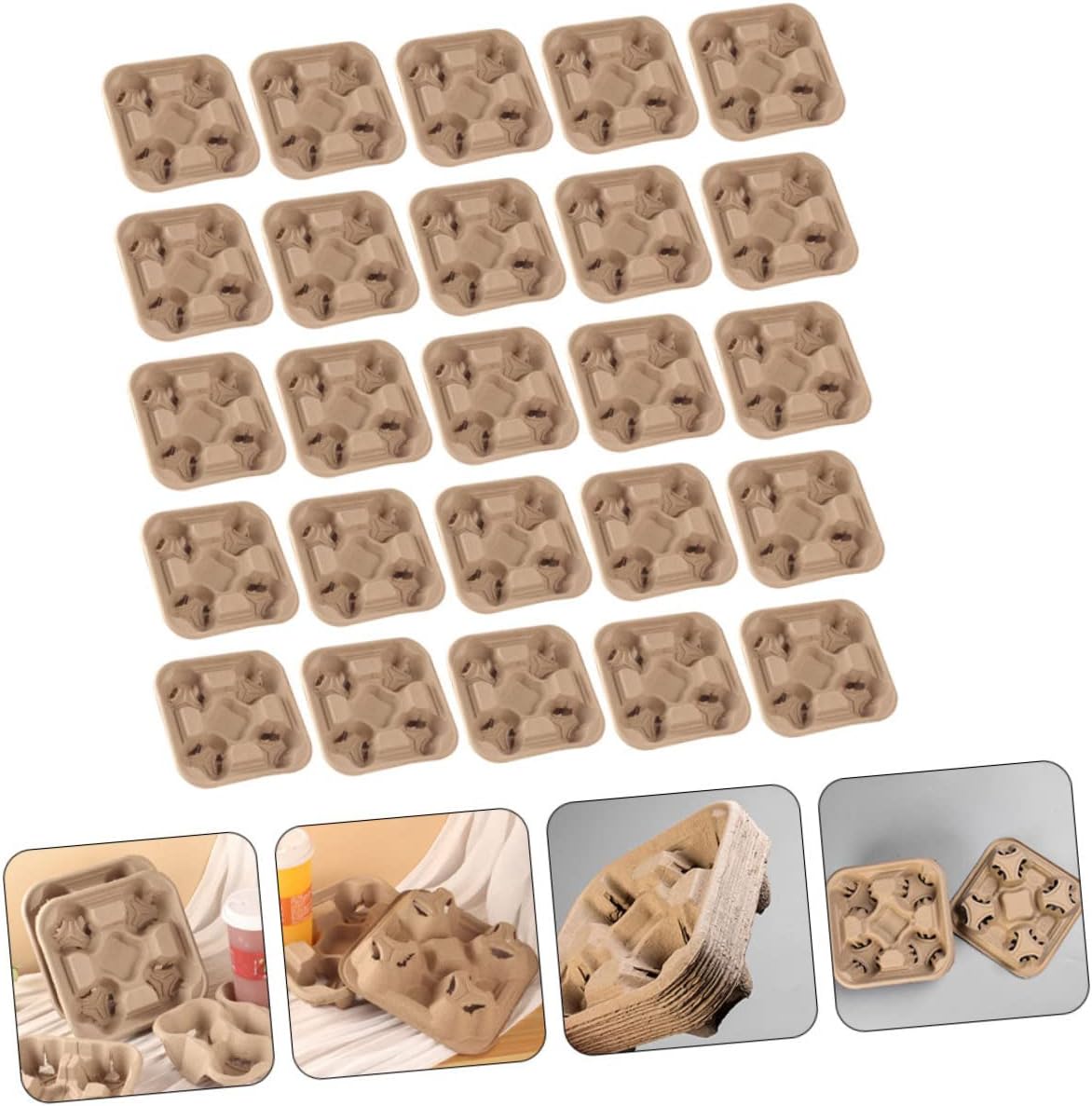 GLEAVI 25pcs Cup Holder Tray for Coffee and Beverages Biodegradable Paper Pulp Drink Carrier for Takeout and Safe for Food for Parties Picnics and Events