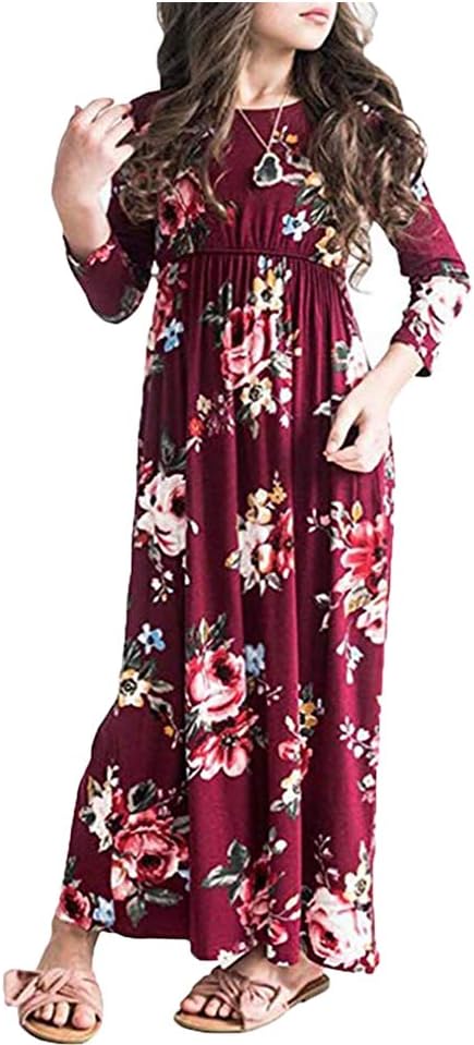 YIJODM Girls Floral Maxi Dress, Flower Printed Short Sleeves Dress with Pockets Summer Long Holiday Dress