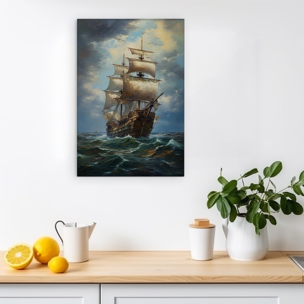 Canvas for Living room. Navigating the Fury of the Open Sea: A Majestic Sailing Ship's Battle Against Nature's Wrath, 27 x 18 inch Canvas Wall Art - Modern Home Decor