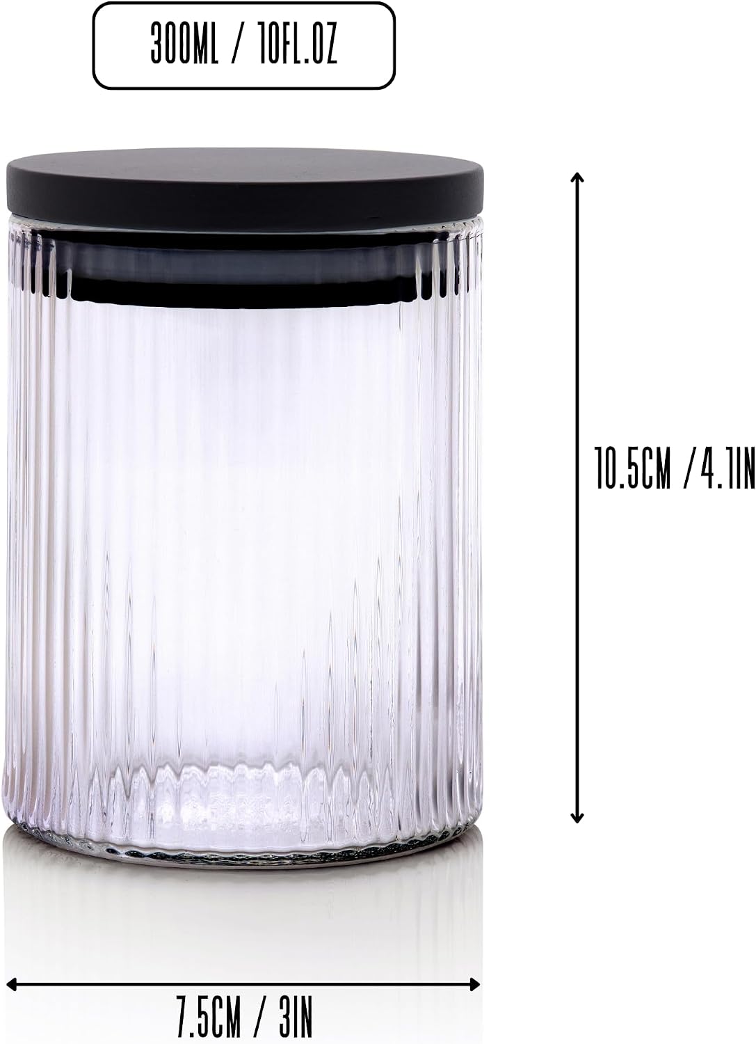 Mason & Fable Ribbed Glass Bathroom Jars with Black Bamboo Lids | Cotton Pad / Swab / Q tip | Bath Salt / Clear Vanity Apothecary Storage Canister Organizer-10fl.oz, Set of 2