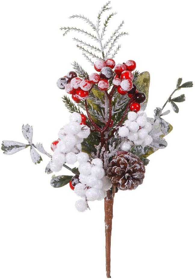 Fir tree branch with red and white berries, 20 cm, injection moulded, green, craft, decoration branches, artificial, Christmas branches