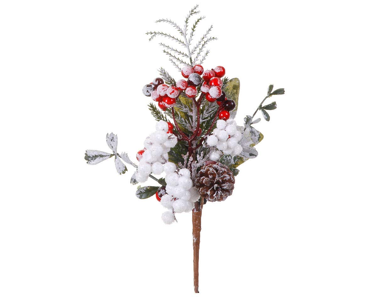 Fir tree branch with red and white berries, 20 cm, injection moulded, green, craft, decoration branches, artificial, Christmas branches