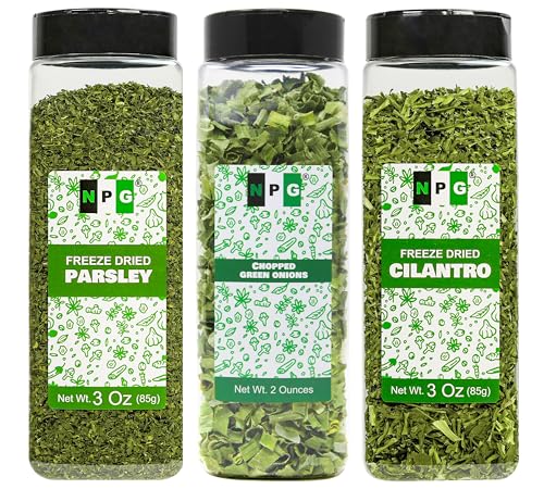 NPG Freeze-Dried Parsley Flakes 3 Oz, Chopped Green Onions 2 Oz, and Freeze-Dried Cilantro 3 Oz