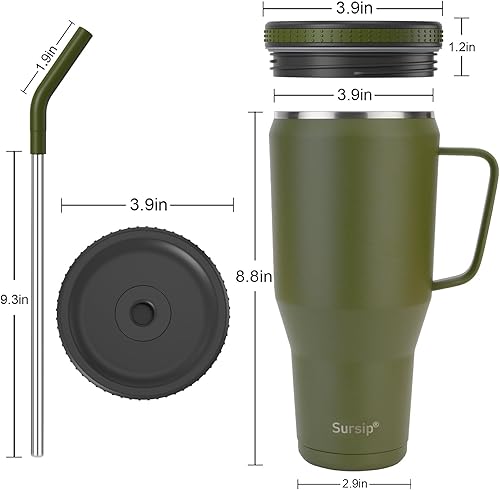 Miniatura 7 de Sursip Vaso de 40 onzas con asa y tapa con pajilla, de acero inoxidable aislado al vacío, para café, viaje, mantiene el frío durante 24 horas, a