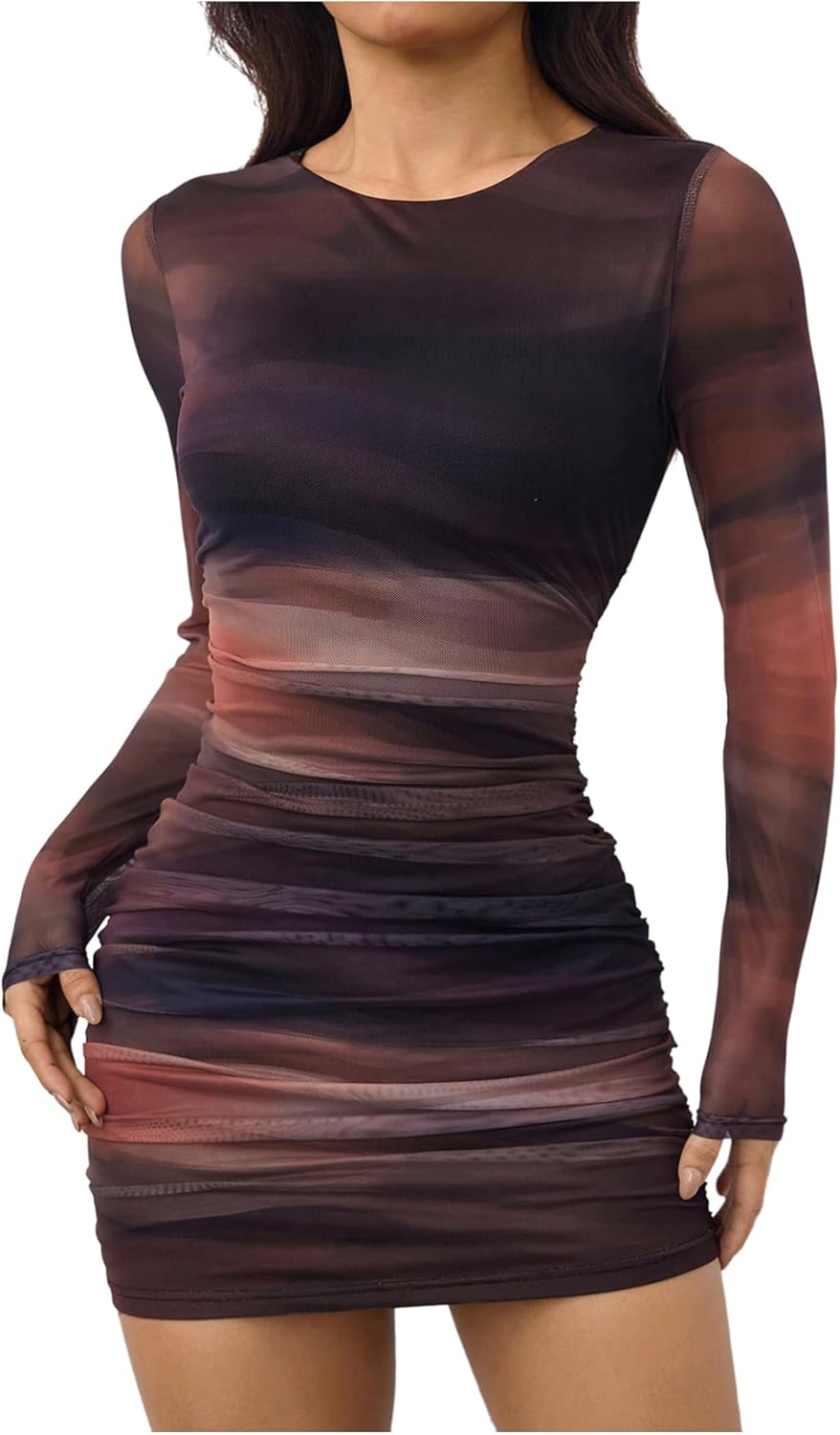 Floerns Women's Tie Dye Long Sleeve Mini Fall Dress Crewneck Ruched Club Going Out Bodycon Dresses