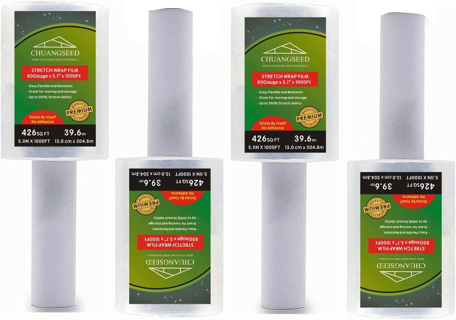 4-Pack Industrial Mini Clear Stretch Wrap Film 80 Gauge 5.1" 1000ft for Pallet Wrap, Durable Self-Adhering Packing, Moving, Packaging, Heavy Duty