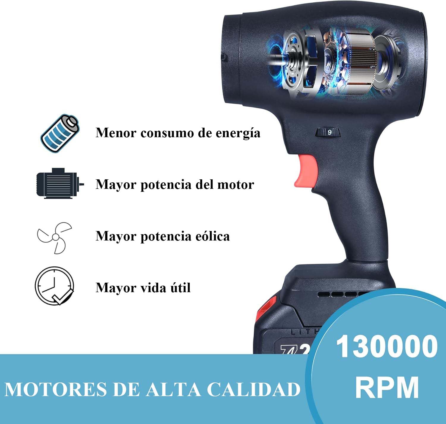 Soplador de Turbo Inalámbrico con 1 x 4000mAh Batería, Soplador de Hojas sin Escobillas 130.000RPM, Mini Soplador de Aire Eléctrico para Limpieza de Hojas, Nieve, Polvo, con Boquilla Extendida