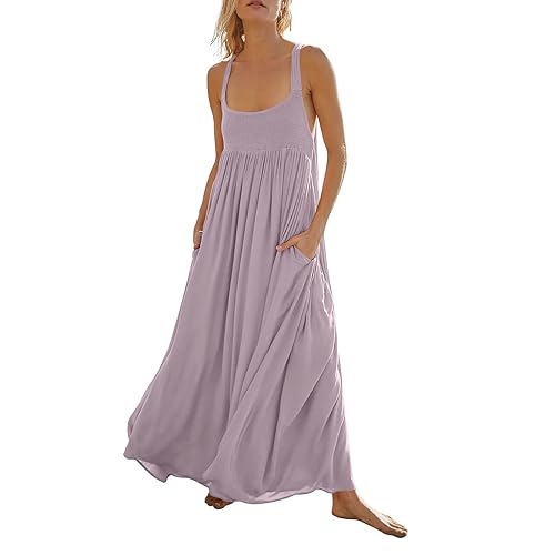Generic Maxi Dress for Women Beach Vacation Summer Dresses Halter Neck Knee Length Sleeveless Tank Dress with Pockets S-XXL
