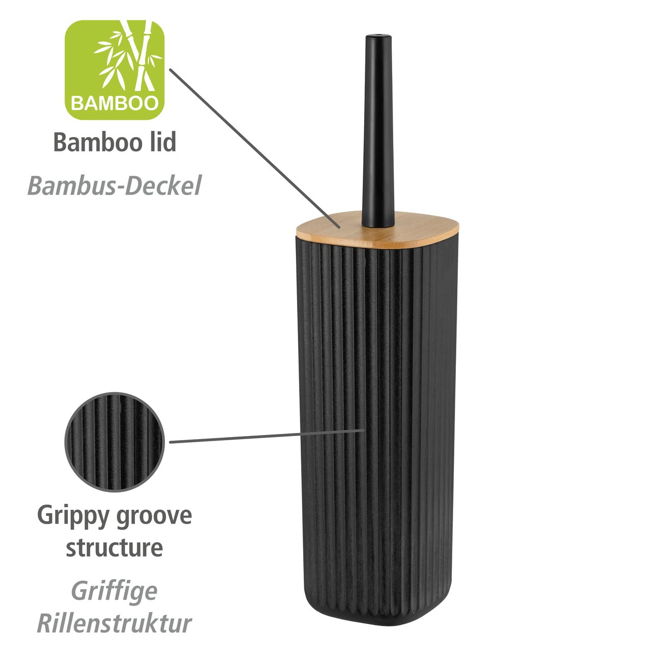 WENKO Rotello toilet brush set, closed toilet brush holder made of high-quality plastic with bamboo lid and grooved structure - Image 2