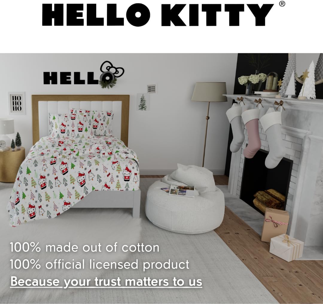 Hello Kitty Holiday & Christmas Bedding Super Soft 100% Cotton Flannel Sheet Set, King, (Officially Licensed Product) By Franco