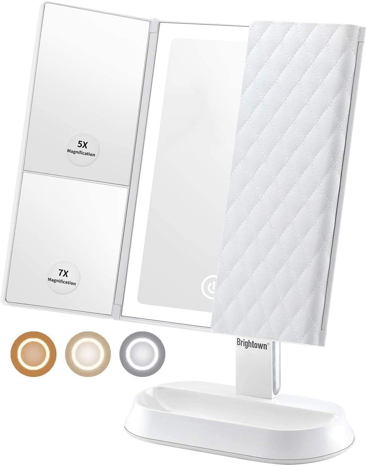 Rechargeable Trifold Vanity Mirror, 3 Color Lighting Modes Makeup Mirror with 60 Led Lights, 1x 5X 7X Magnification, Touch Screen Switch, 90° Adjustable Rotation Mirror -