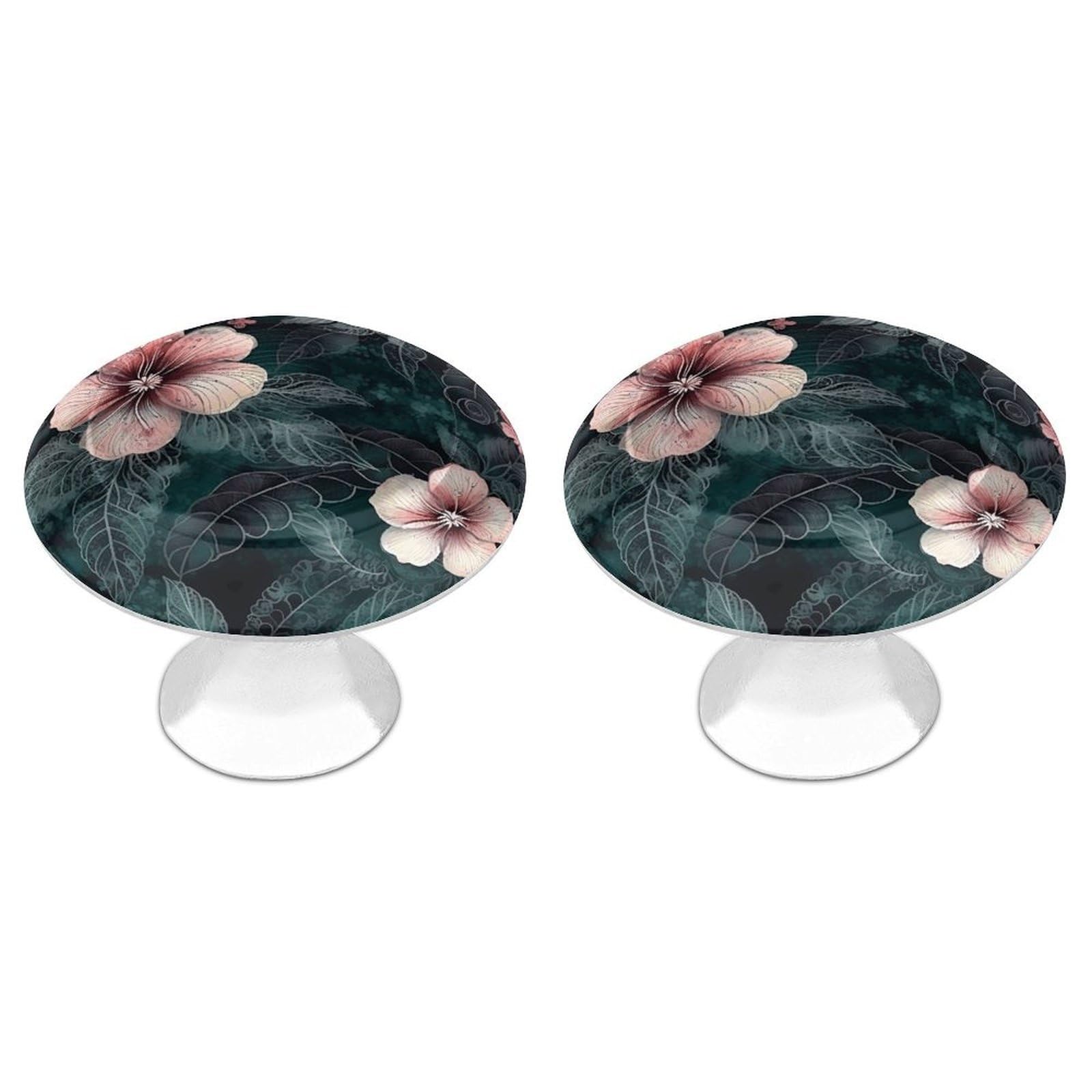 QMNLKH Green Leaves and Flowers Cabinet Knobs for Home, Round Drawer Pulls for Kitchen, Personalized Cupboard Handles with Screw, Fashion Dresser Knobs for Office, Drawer Handles, 2 Packs
