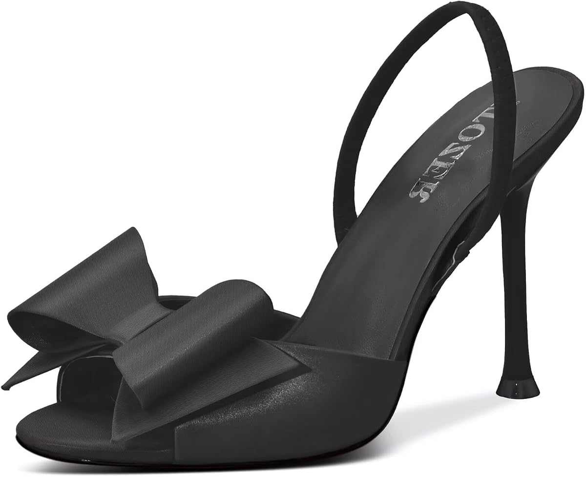 Tacones altos de satén Slingback Open Toe Mules Sandalias Bow Stiletto Tacones sexys Cómodos zapatos de fiesta de boda