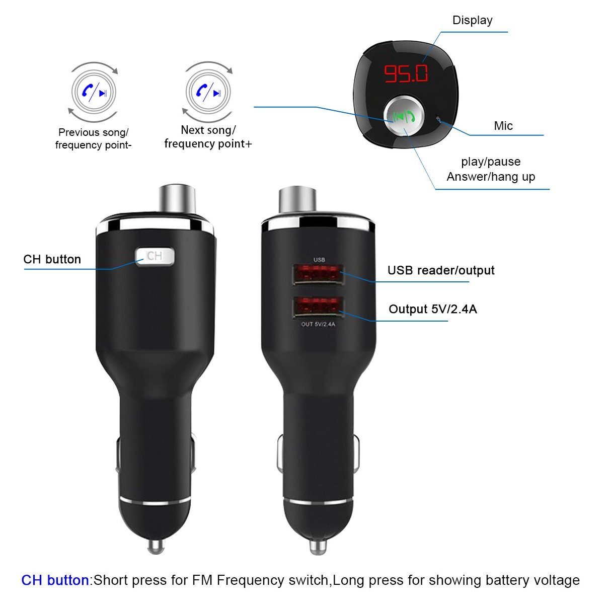 Universal Car MP3 Player Hands Free Bluetooth FM Transmitter Adapter for Car Stereo and Doul USB Charger